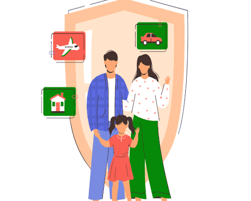 Parents and child with protection icons