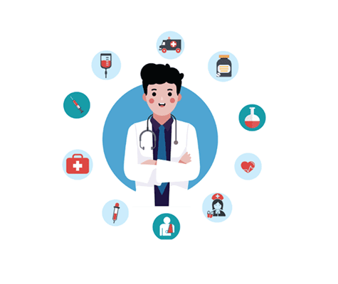 Illustrated doctor with health-related icons.